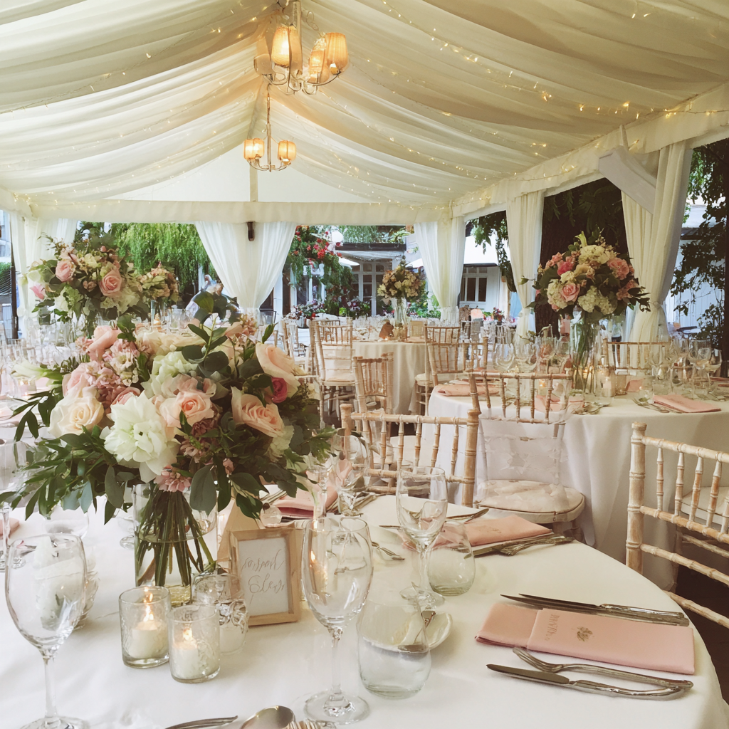 An outdoor wedding reception setting | Source: Midjourney