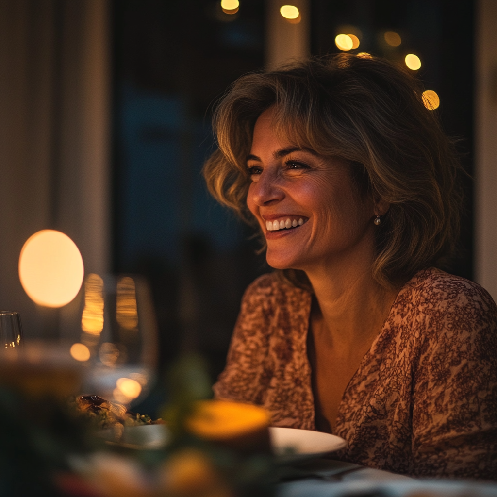 A woman smiling at the dinner table | Source: Midjourney