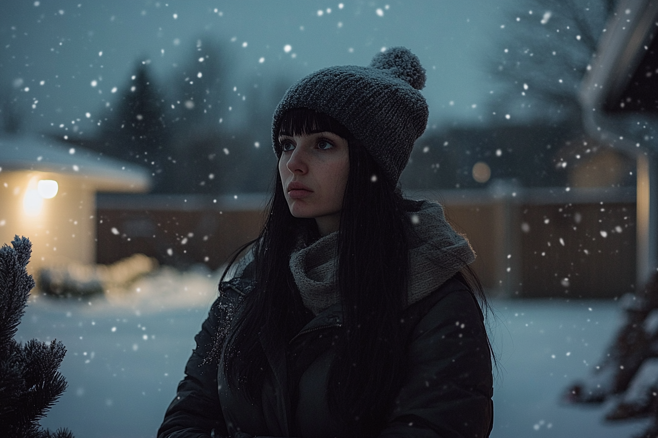 A woman looks worriedly across a snowy yard | Source: Midjourney