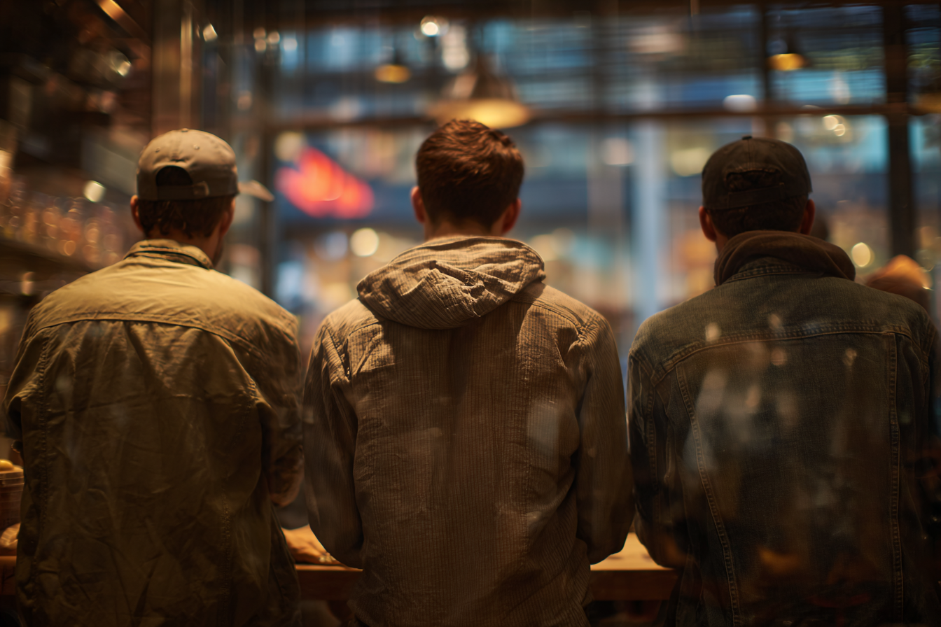 Three men standing in a café | Source: Midjourney
