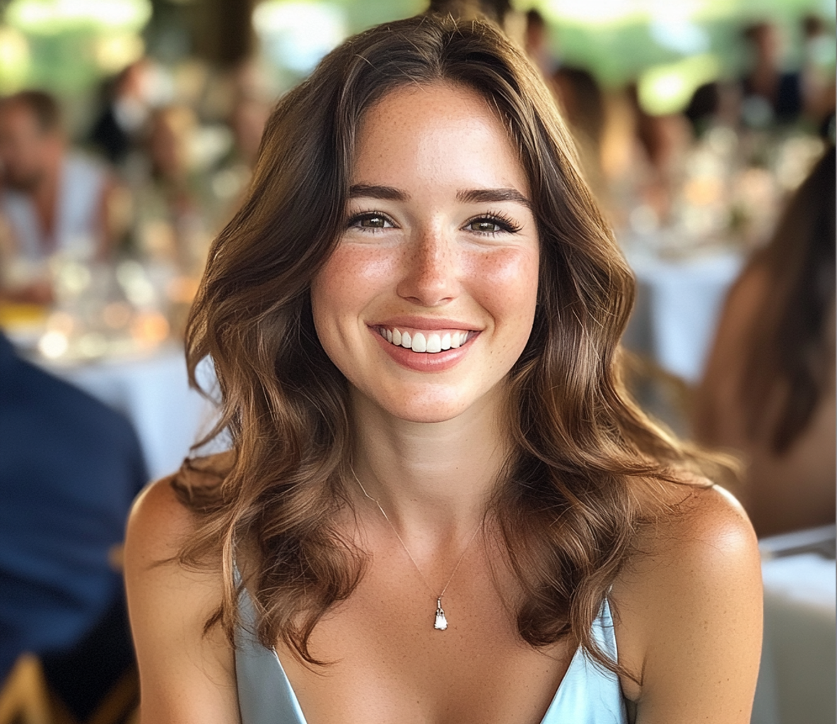 A smiling woman sitting at a wedding | Source: Midjourney