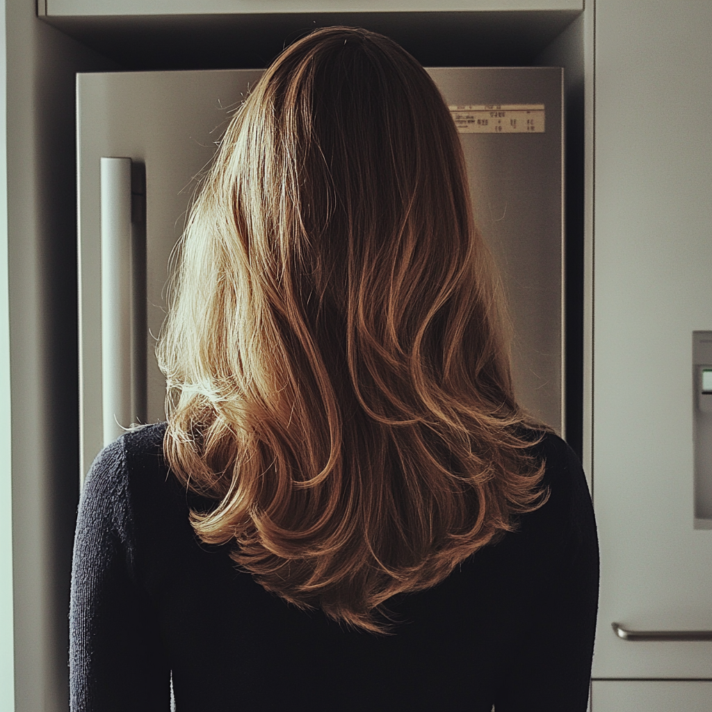 Una mujer parada frente a un refrigerador | Fuente: Midjourney