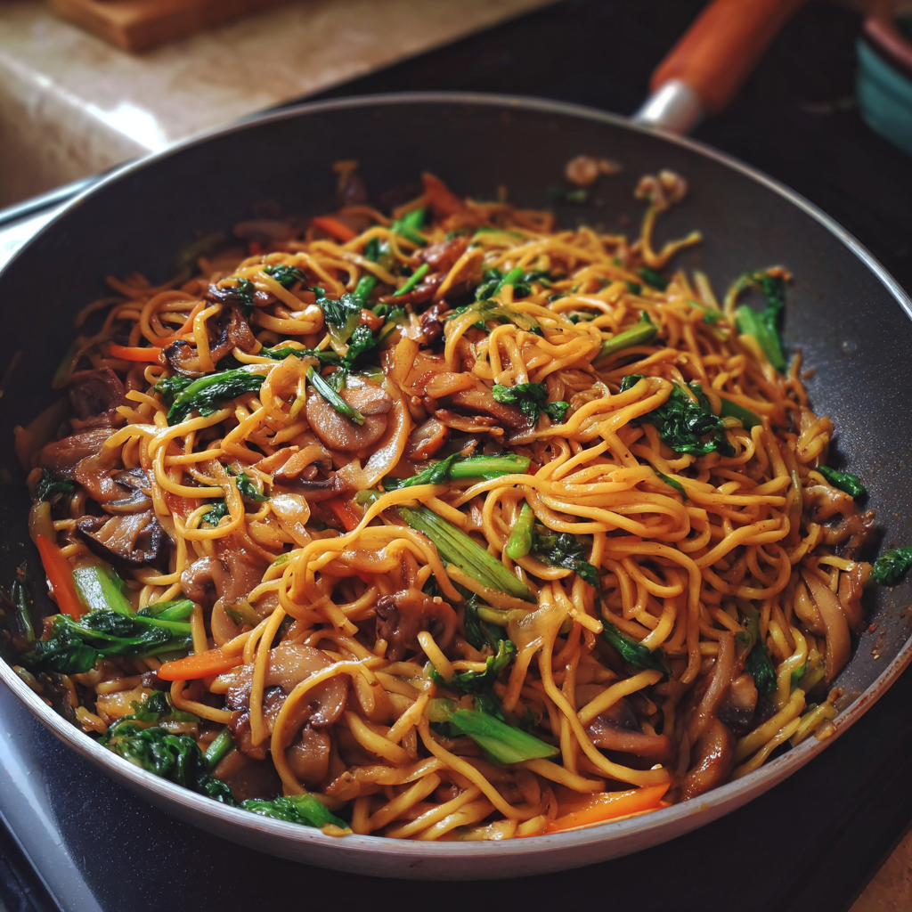 Stir-fried noodles in a pan | Source: Midjourney
