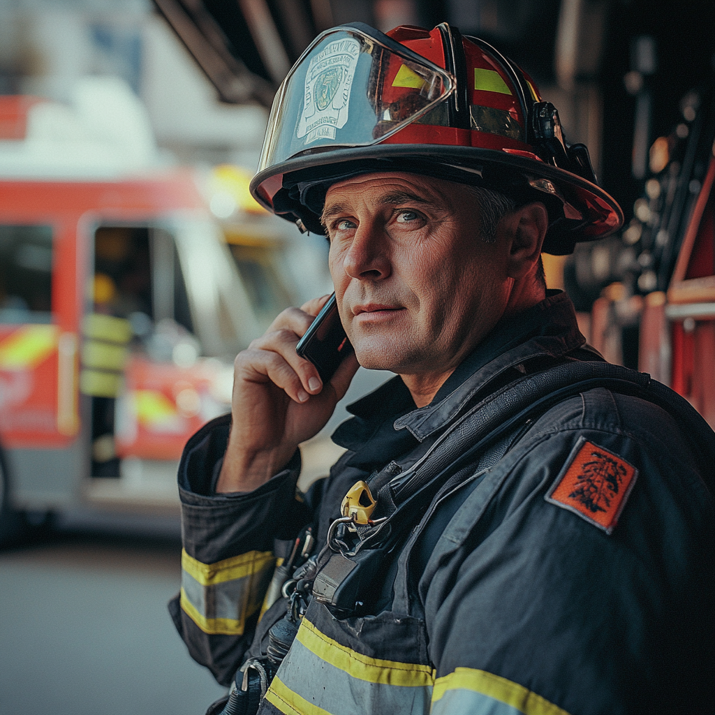 A firefighter talking on his phone | Source: Midjourney