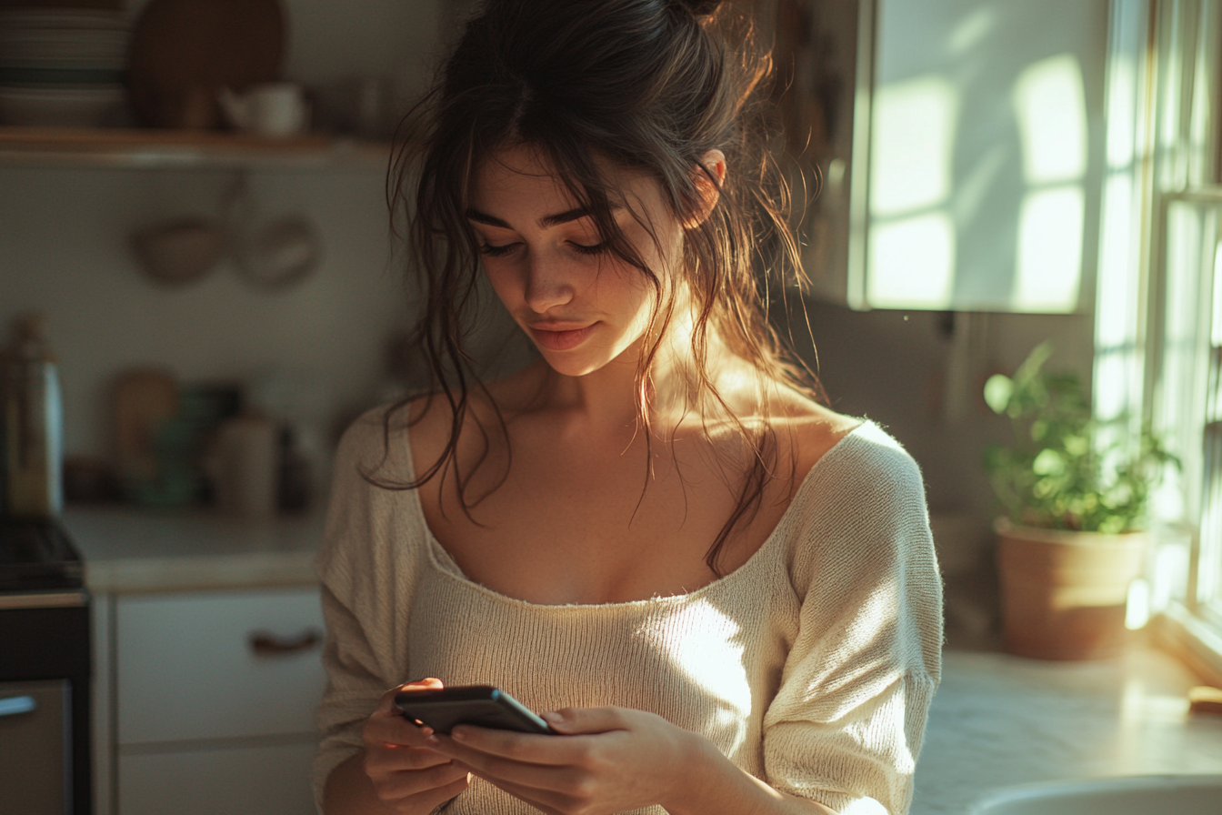 Une femme debout dans sa cuisine envoie des SMS sur son téléphone | Source : Midjourney