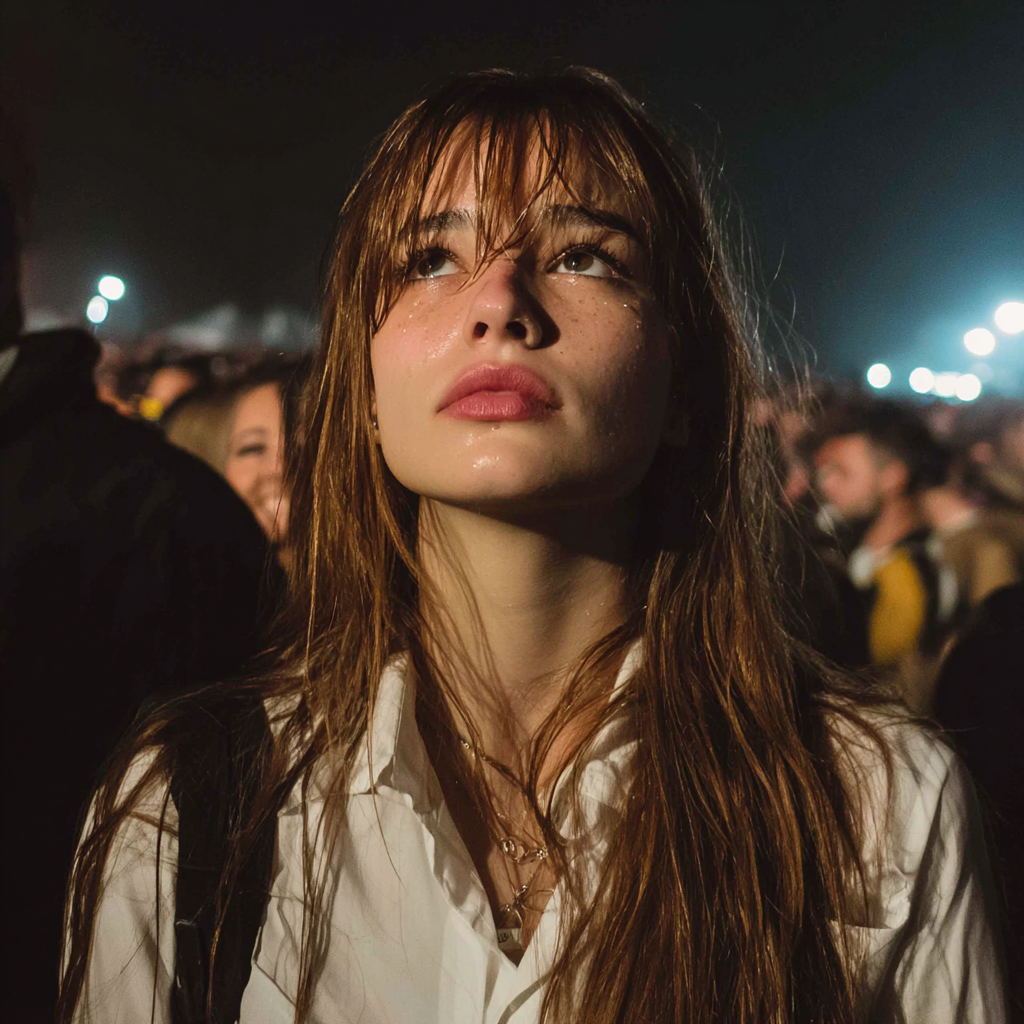A woman standing in a crowd and looking up | Source: Midjourney