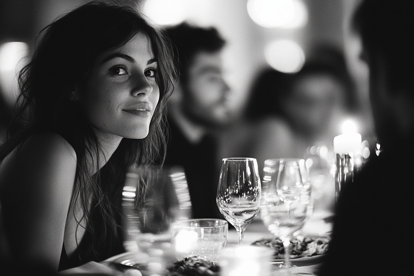 A woman with a slightly surprised expression, seated at a dinner table | Source: Midjourney