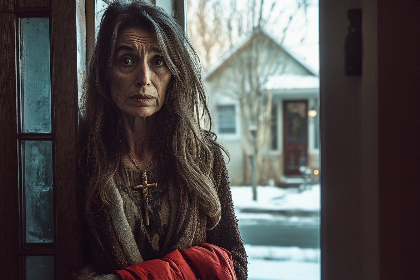 A woman in her 60s, disheveled and wearing dirty clothes, stands outside a front door timidly holding a red jacket | Source: Midjourney