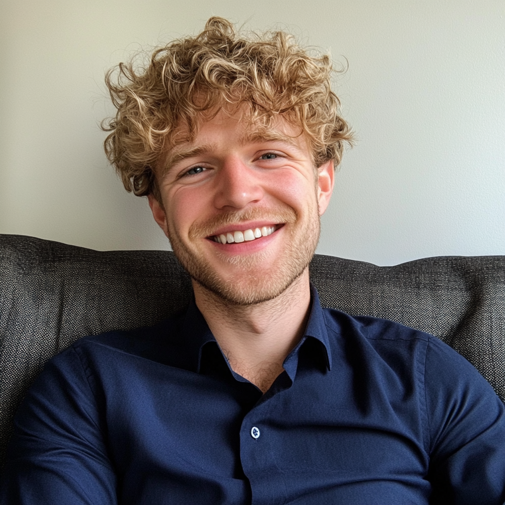A smiling man sitting on a couch | Source: Midjourney