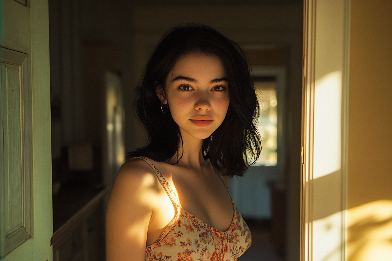 18 year old woman smiling in the doorway of a house | Source: Midjourney