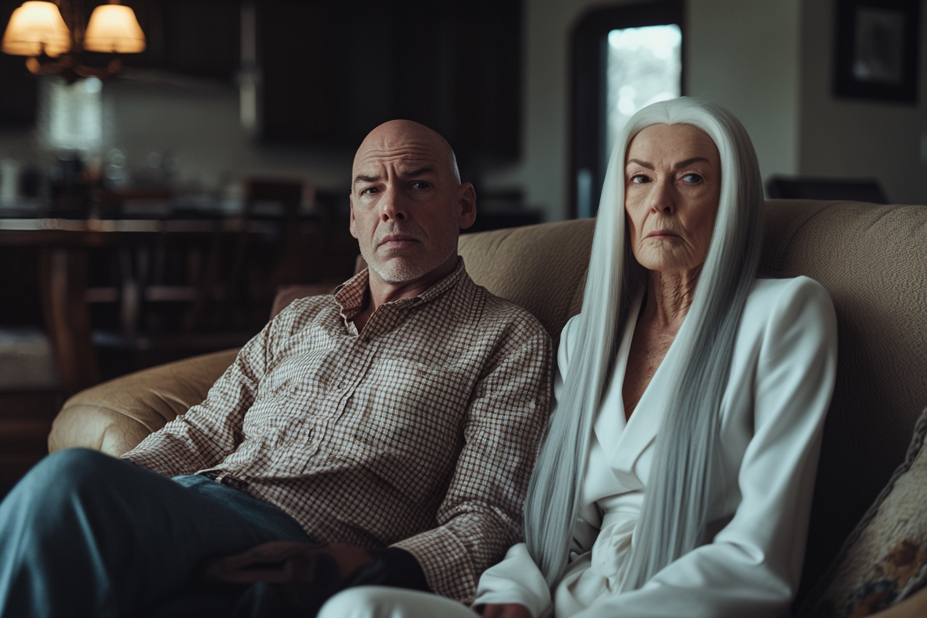 A man and his mother sitting on a couch looking up with upset expressions | Source: Midjourney