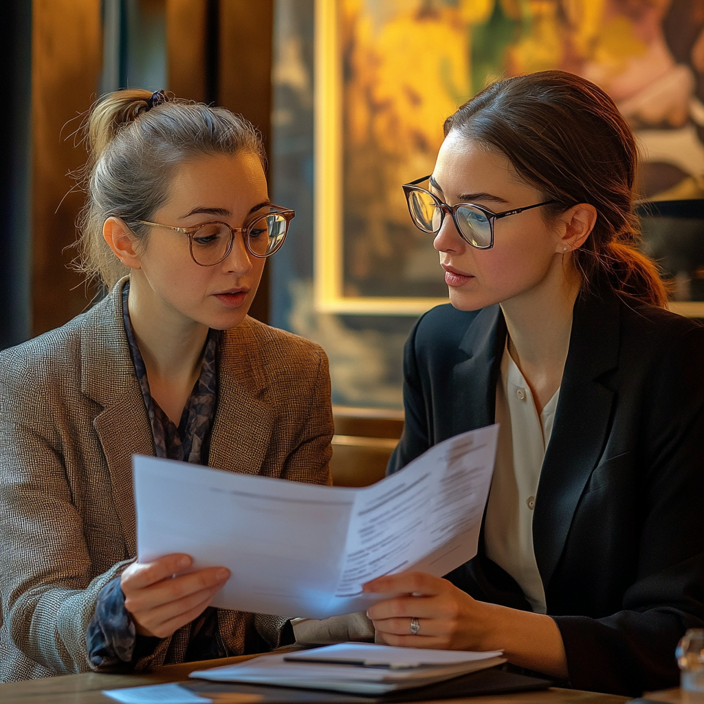 Divorce lawyer showing her client the divorce documents | Source: Midjourney