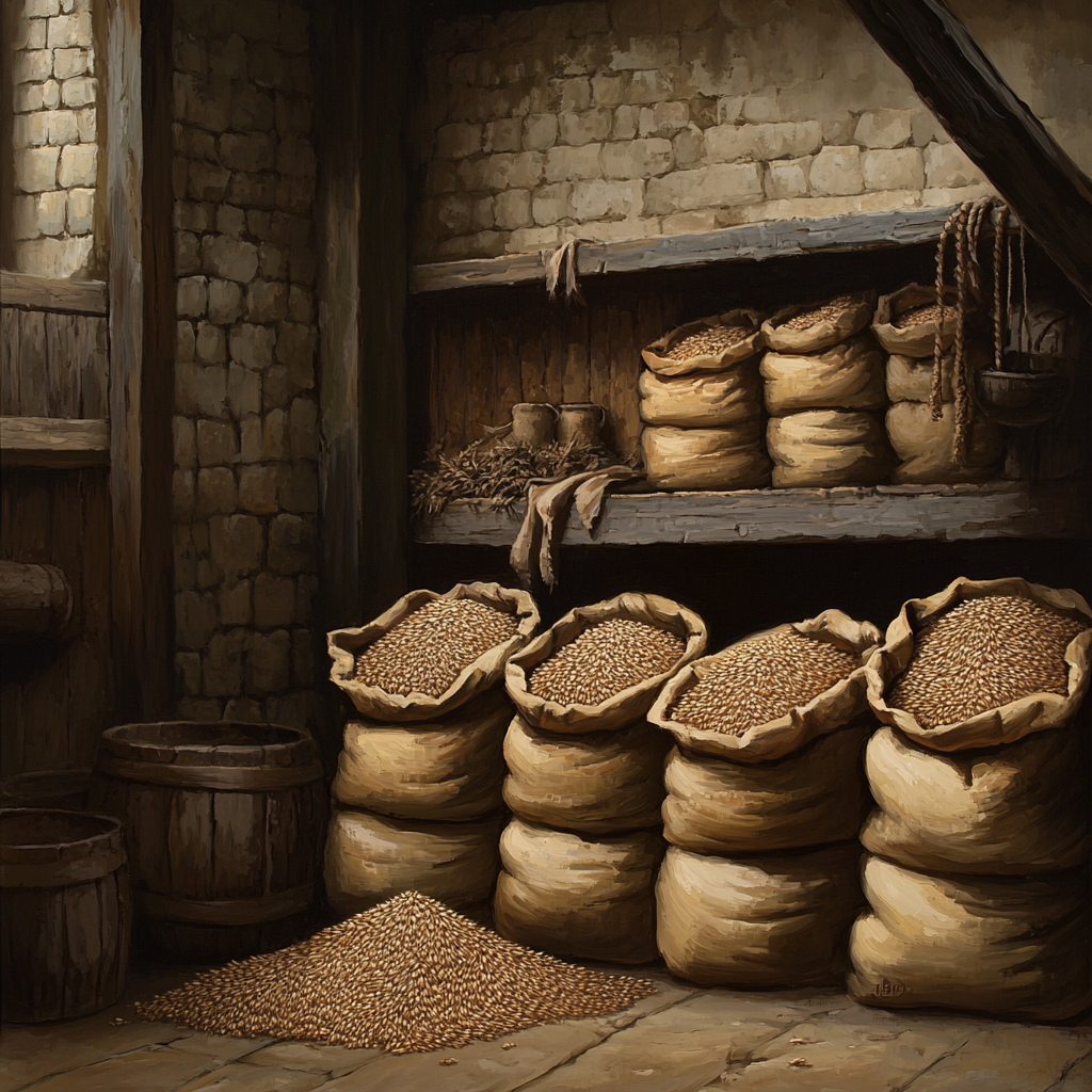 Grain in sacks in a storage room | Source: Midjourney