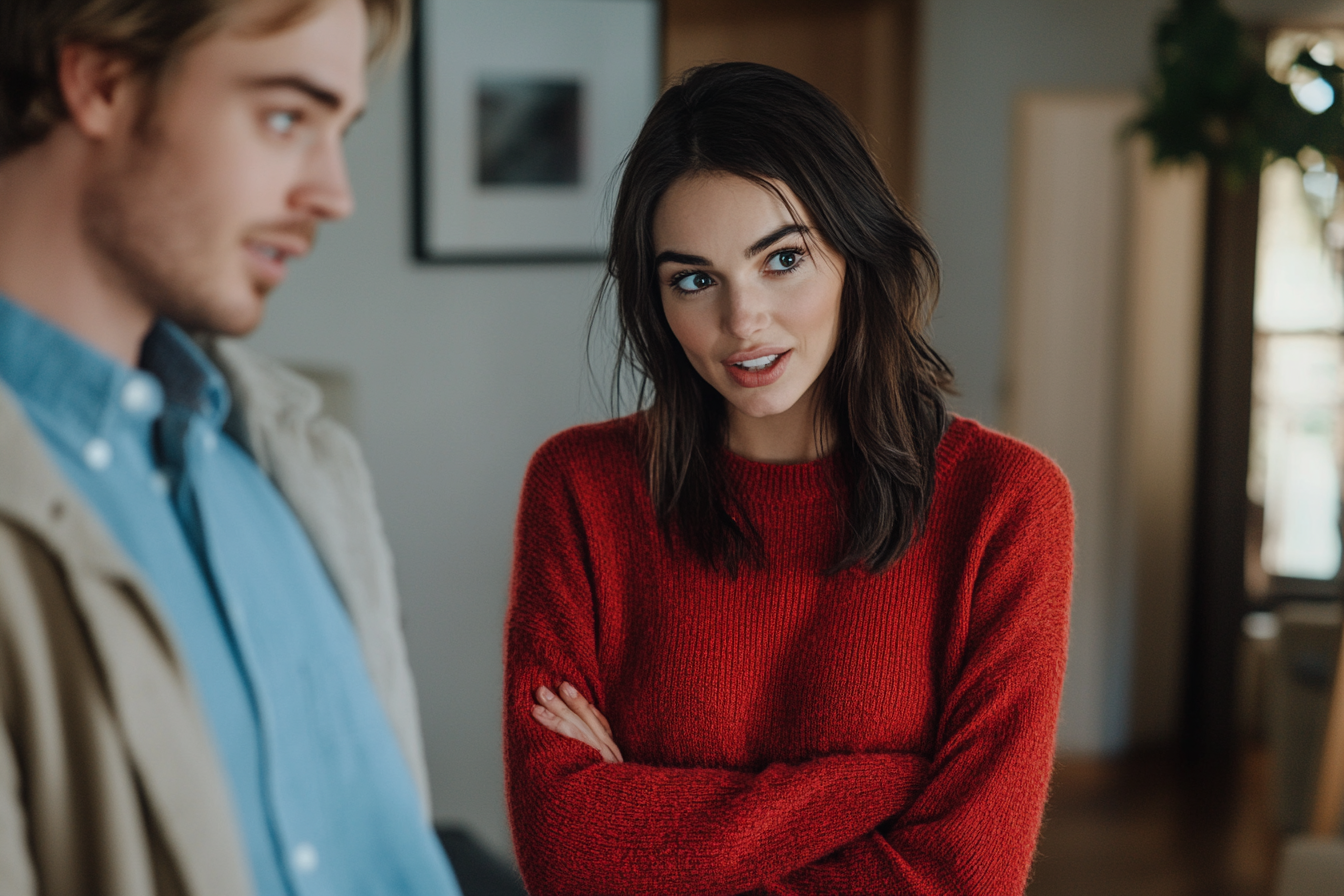 A woman and a man in a living room | Source: Midjourney