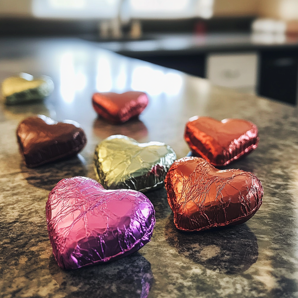 Heart-shaped chocolates on a counter | Source: Midjourney