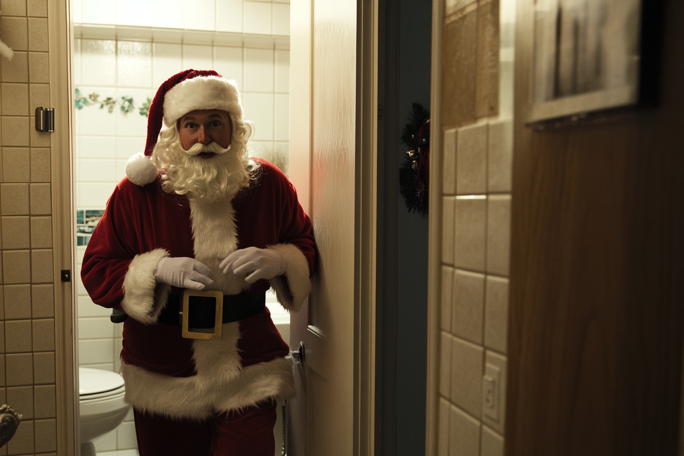 A man dressed as Santa coming out of the bathroom | Source: Midjourney