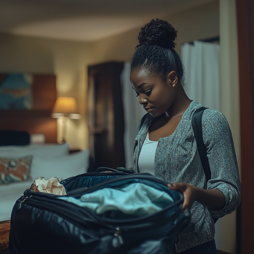 Una mujer haciendo su maleta en una habitación de hotel | Fuente: Midjourney