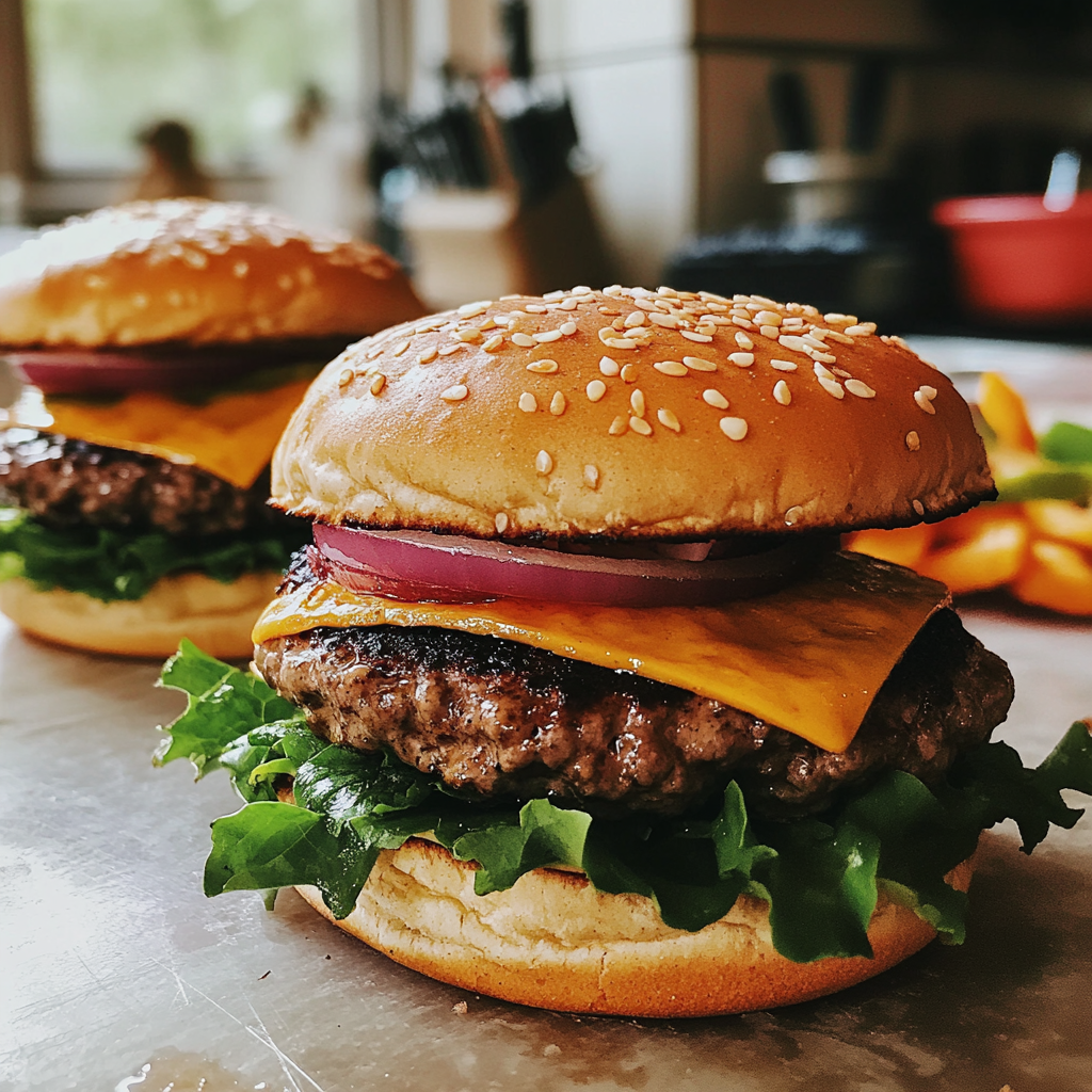 A close up of burgers on a wooden board | Source: Midjourney