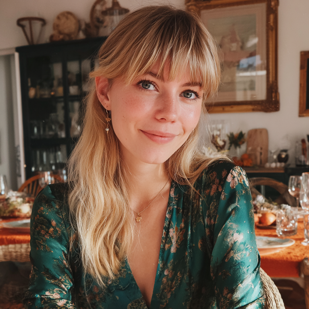 A smiling woman wearing a green blouse | Source: Midjourney