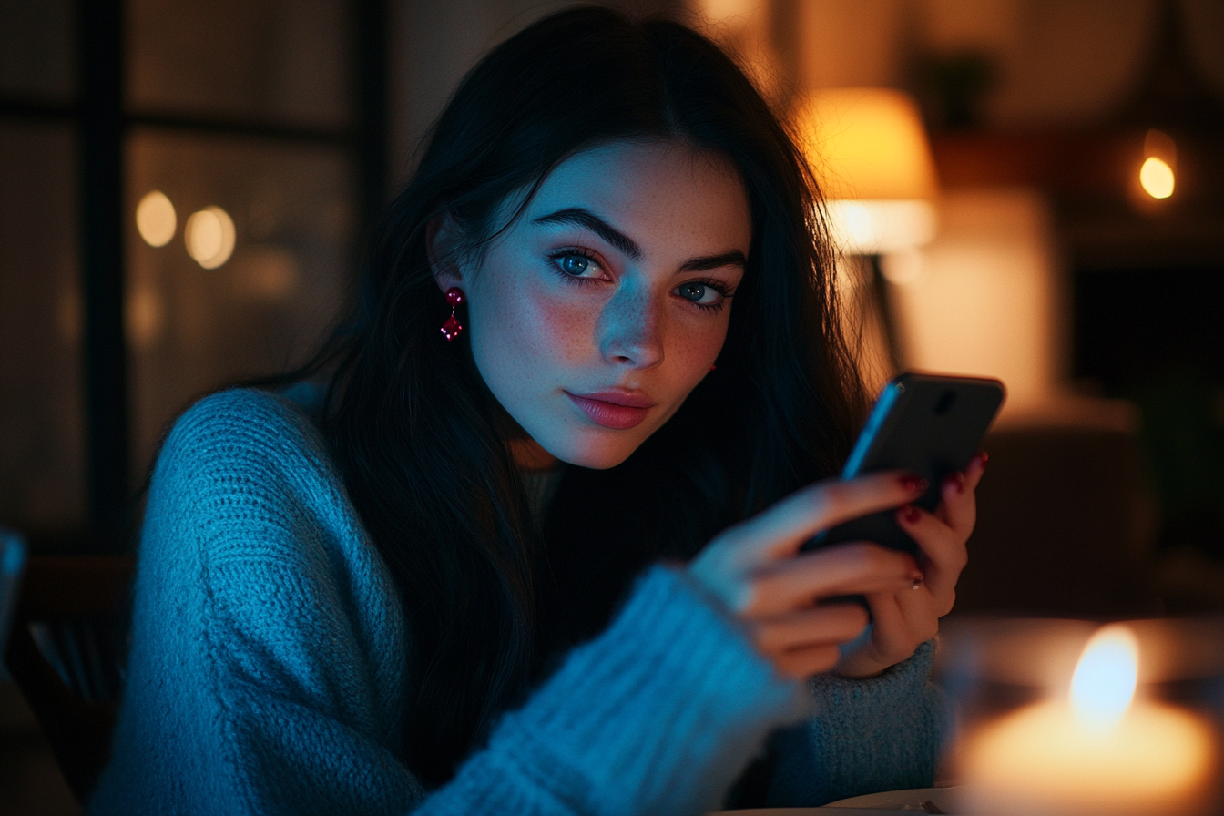 Woman in her 20s holding up her phone at a dinner table frowning slightly | Source: Midjourney