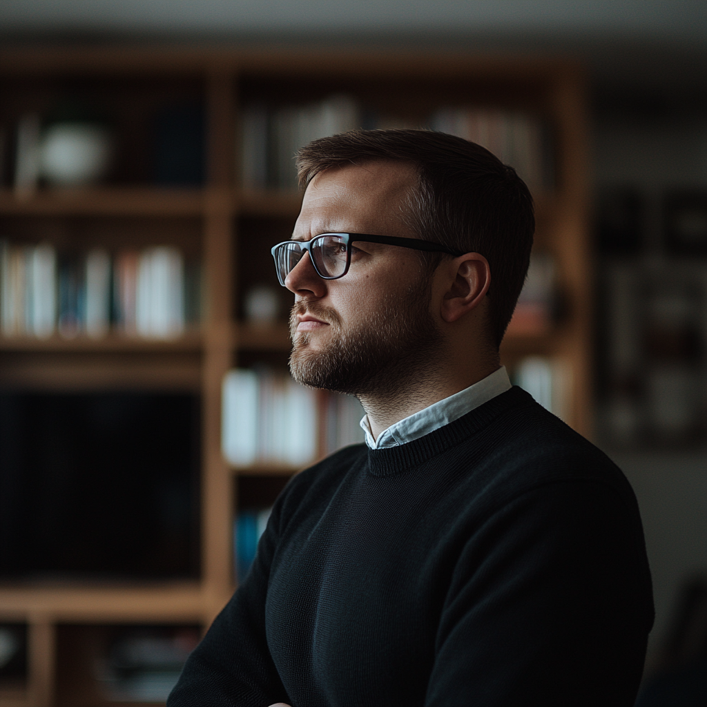 A serious man in his living room | Source: Midjourney