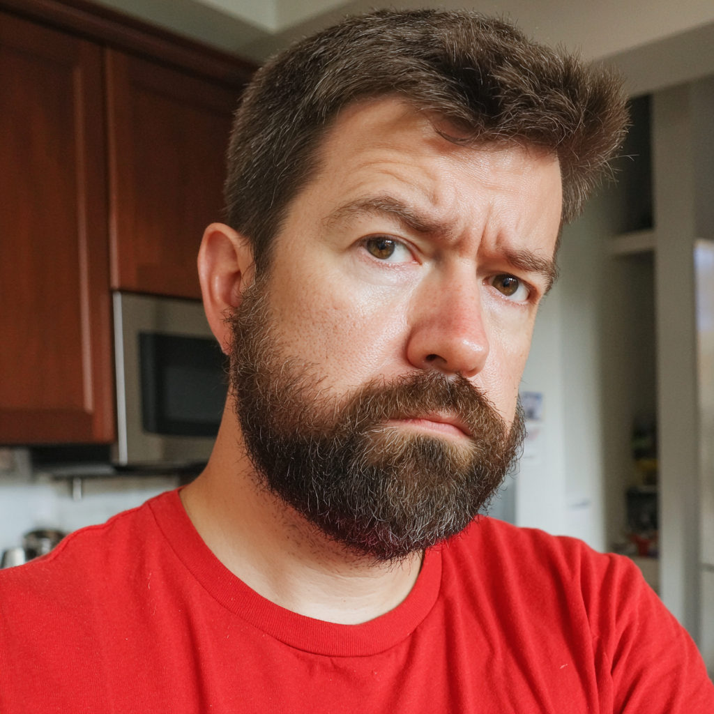 A frowning man standing in a kitchen | Source: Midjourney