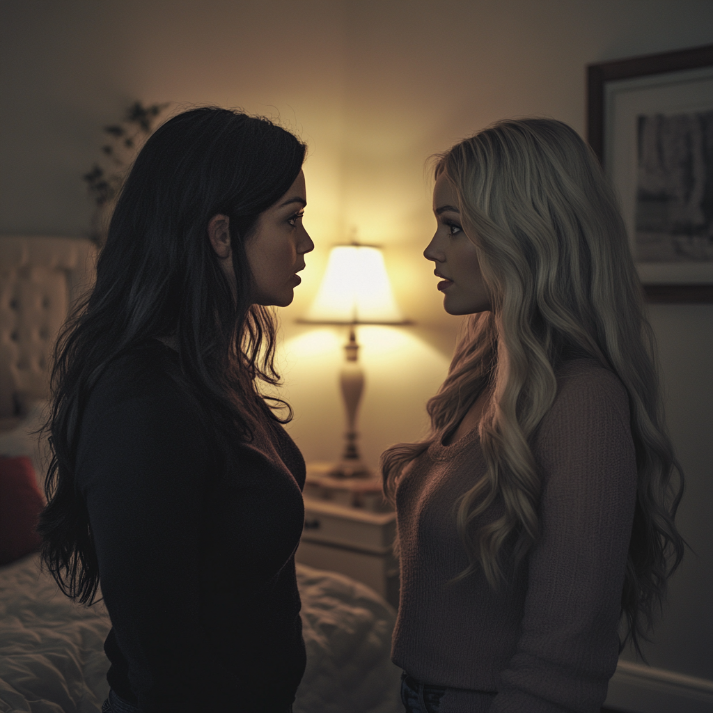 Two sisters talking in their room | Source: Midjourney