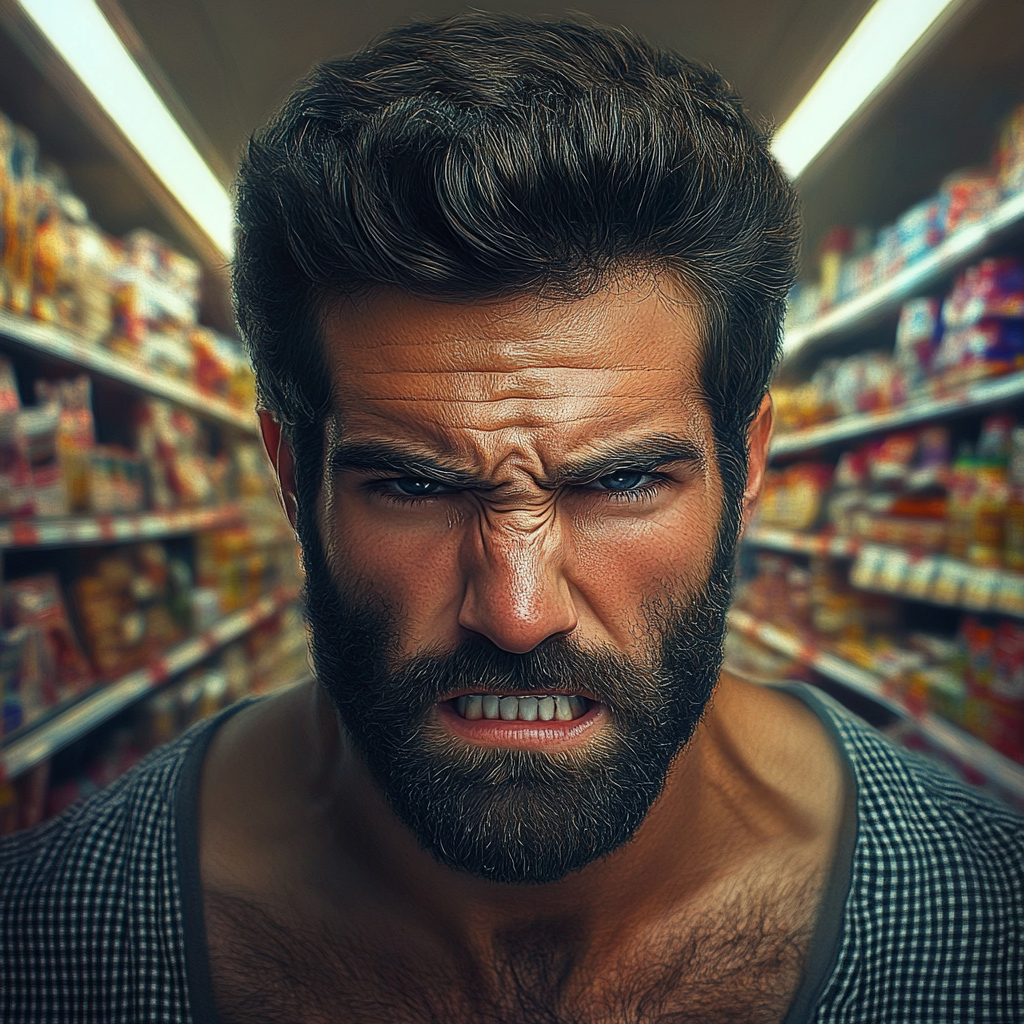 A furious man in a grocery store | Source: Midjourney