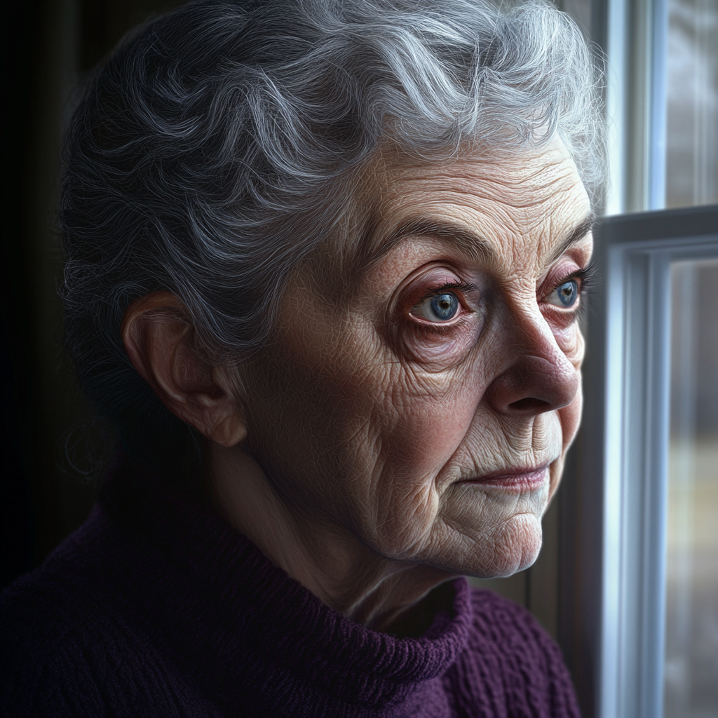 A disappointed lonely older woman standing by the window | Source: Midjourney