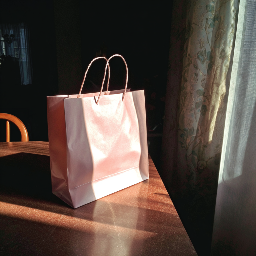 A pink gift bag on a table | Source: Midjourney