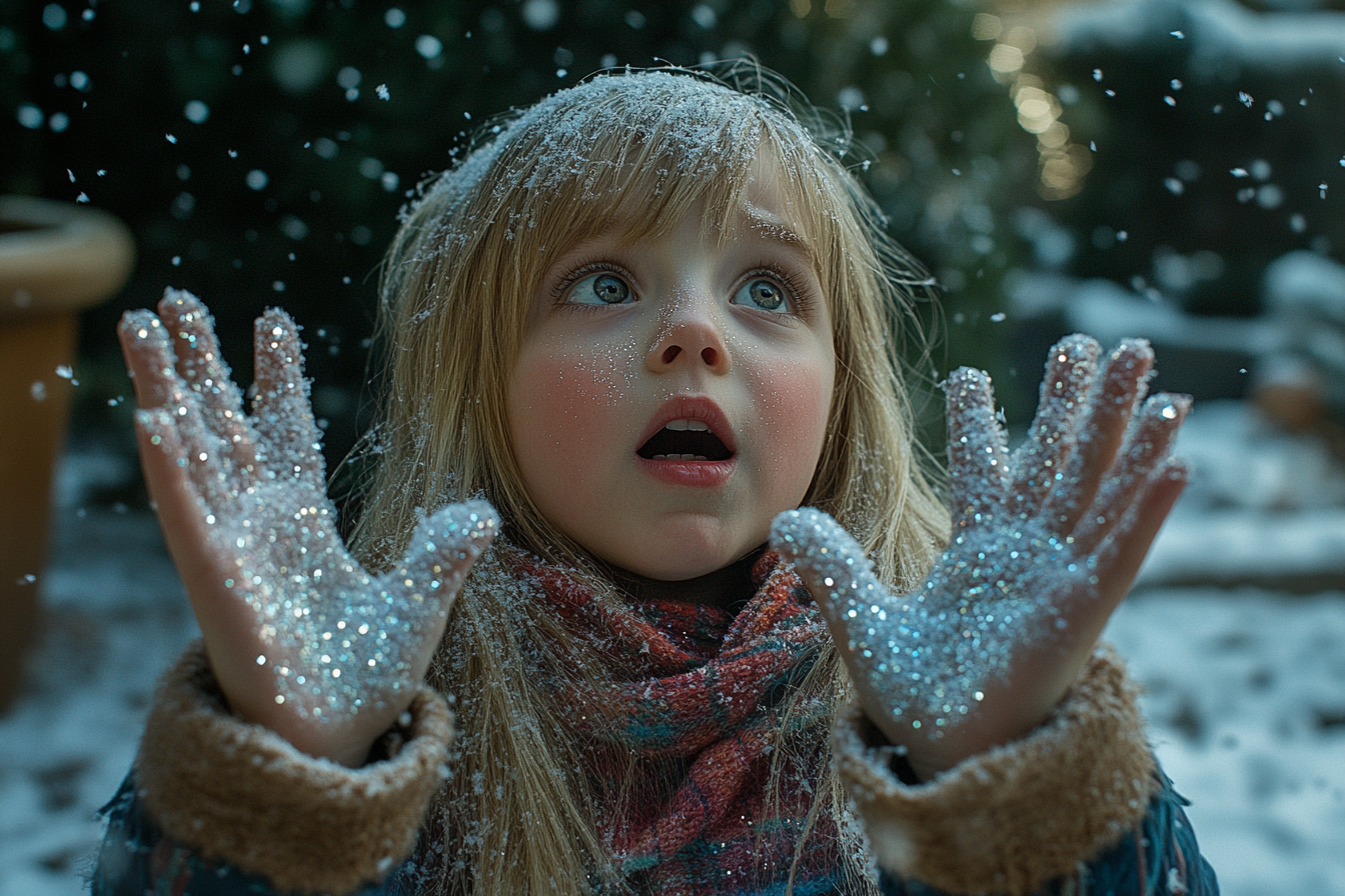 Girl with hands covered in glitter in a snowy yard | Source: Midjourney