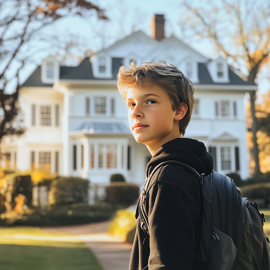 A boy standing outside a house | Source: Midjourney