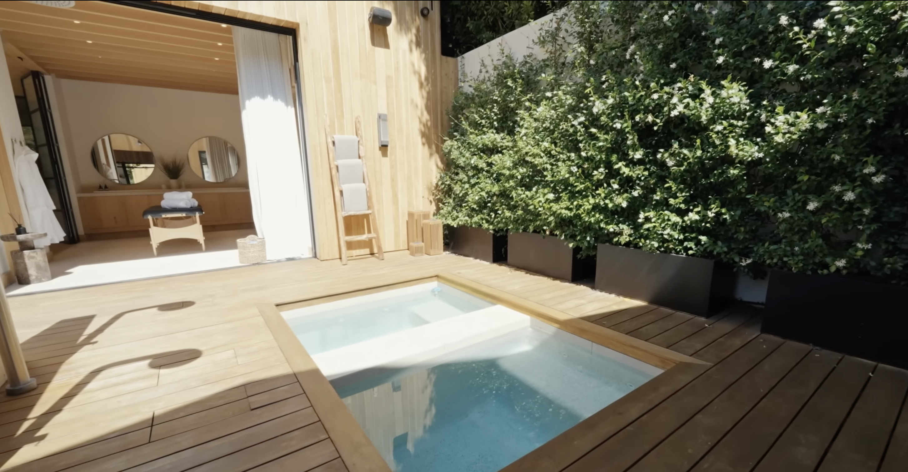 Zedd's wellness area and cold plunge, posted by Architectural Digest on November 8, 2025. | Source: YouTube/Architectural Digest