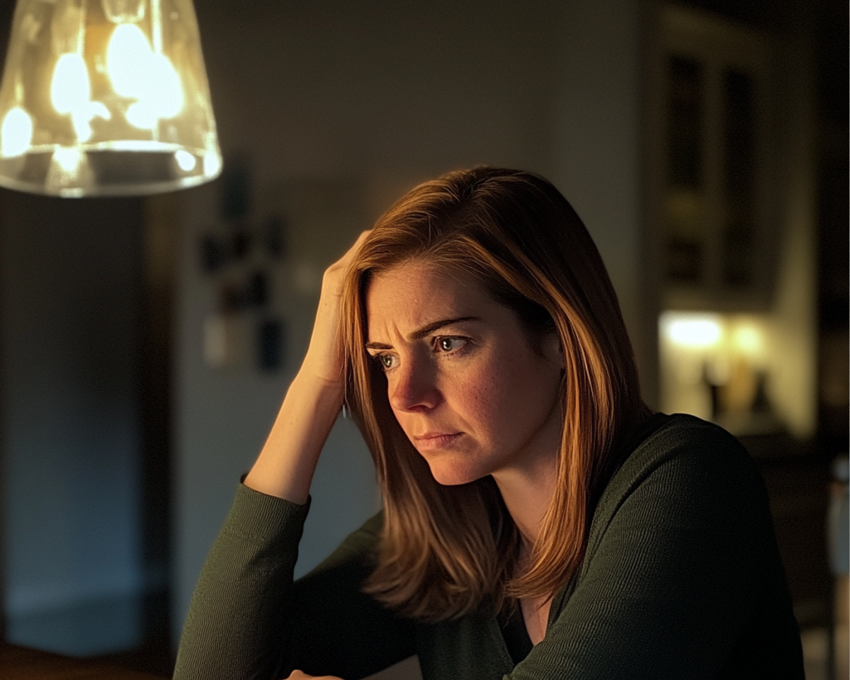A frowning woman holding her head | Source: Midjourney