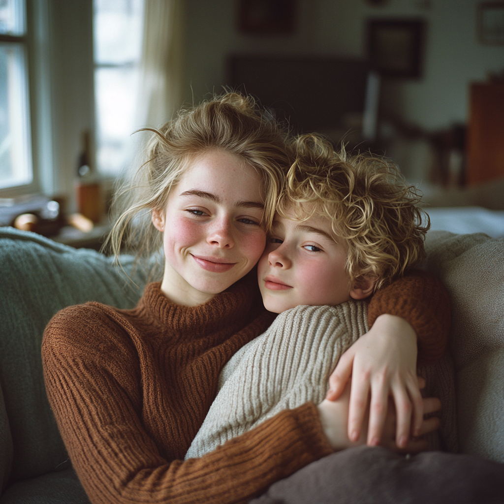 A woman hugging her son | Source: Midjourney