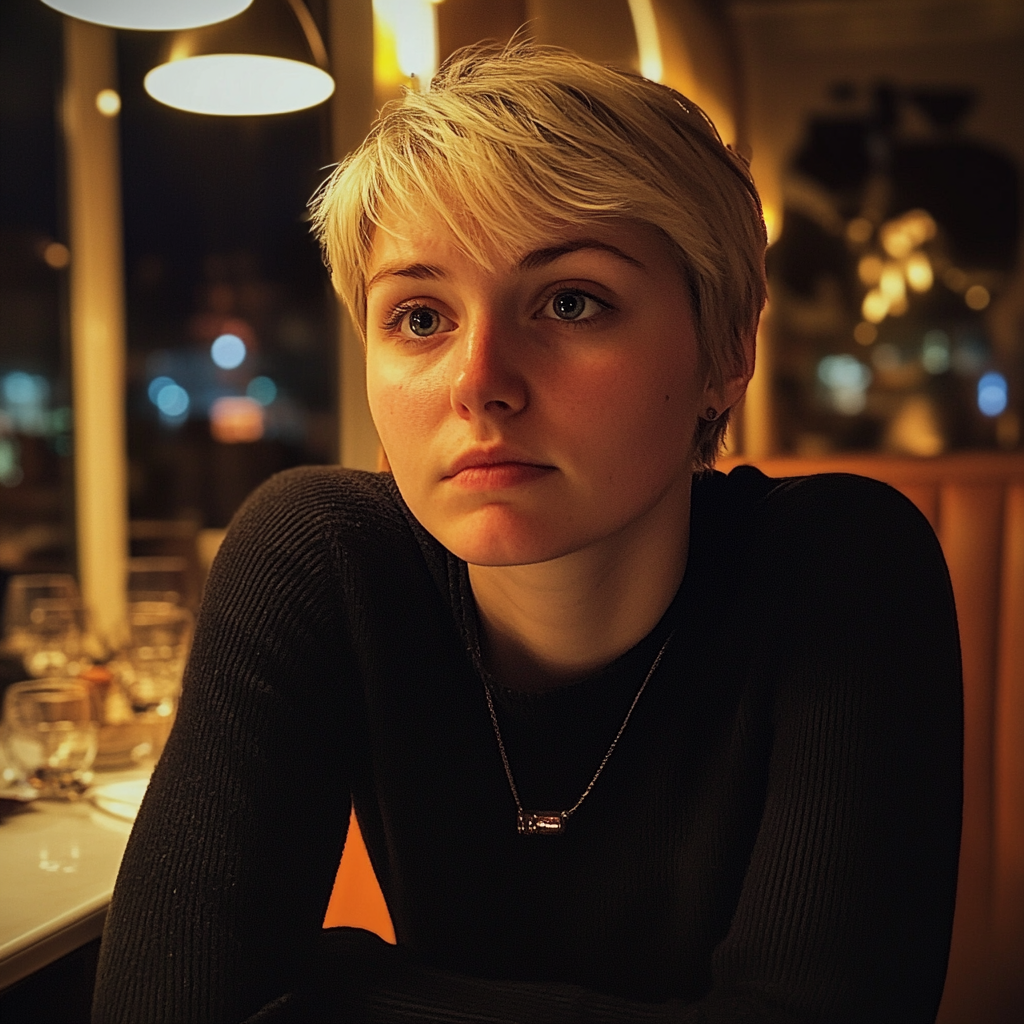 A woman sitting at a restaurant | Source: Midjourney