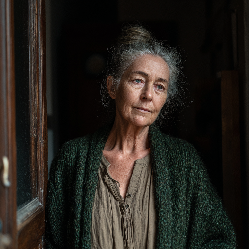 An old woman standing at a front door | Source: Midjourney