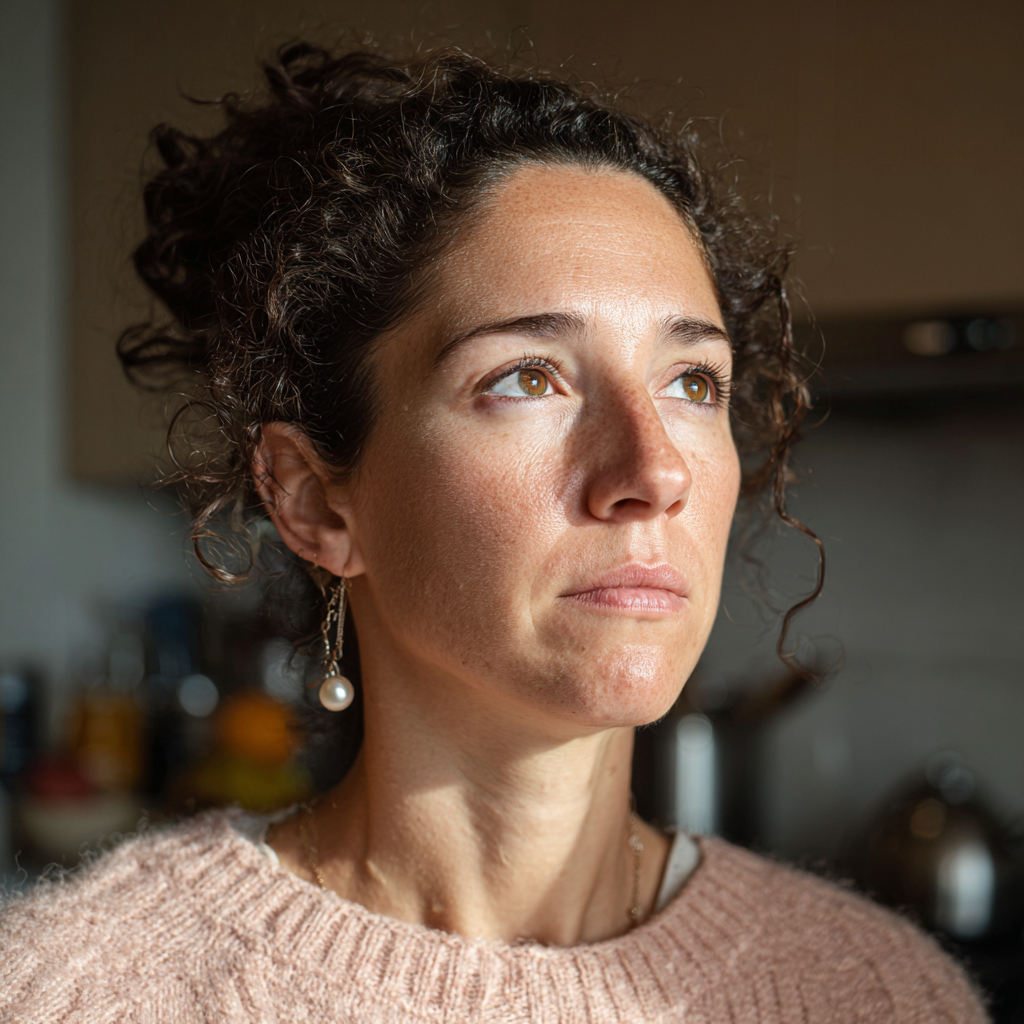 A woman with curly hair and a pink sweater standing in a kitchen | Source: Midjourney