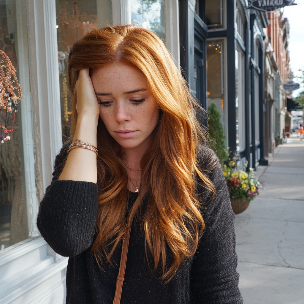 An upset woman standing on a sidewalk | Source: Midjourney