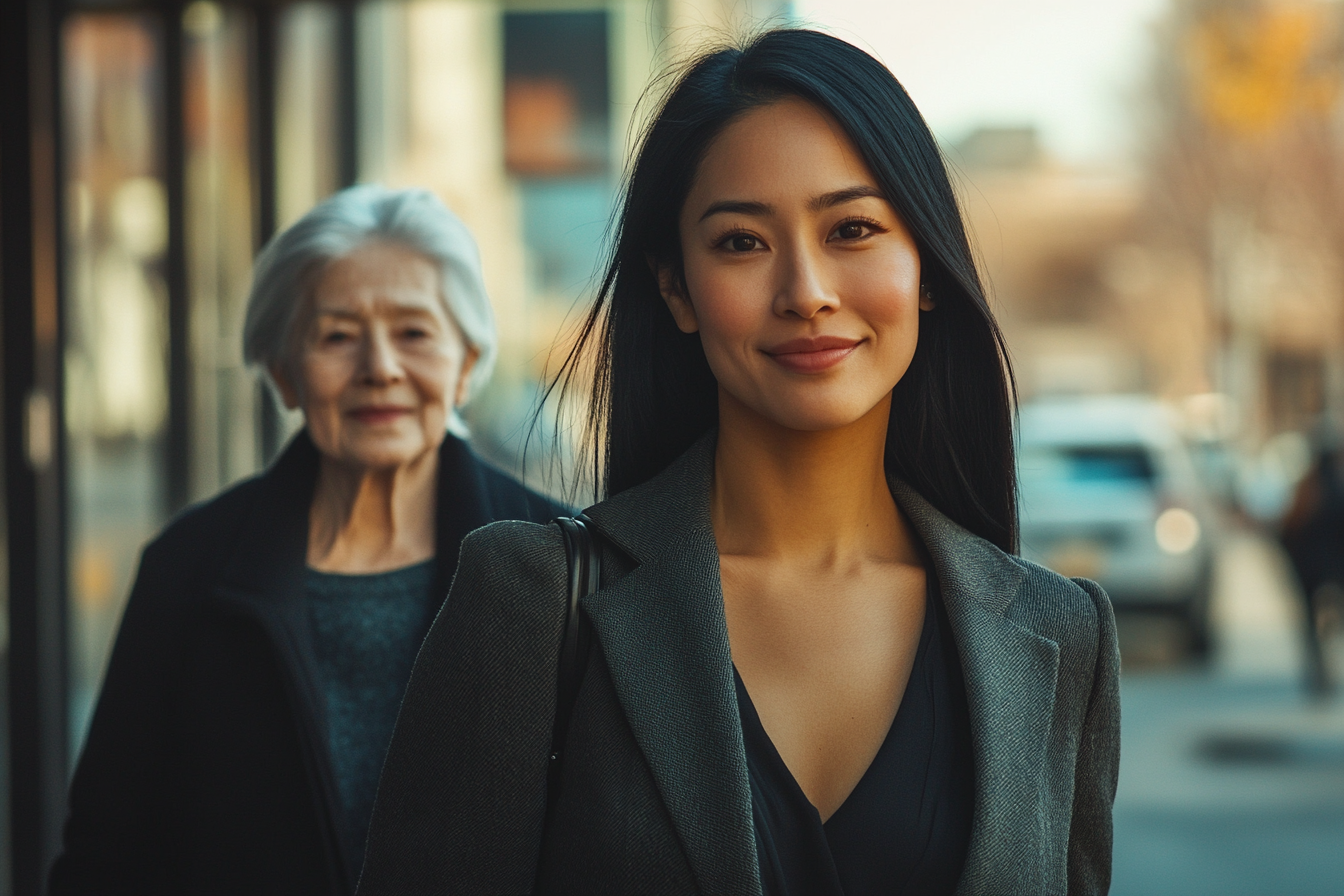 A businesswoman walks down the street happily with her mother | Source: Midjourney