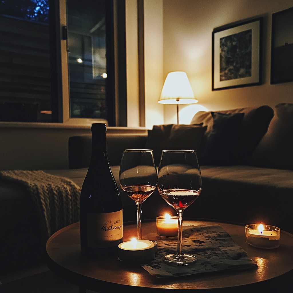 A bottle of wine and glasses on a coffee table | Source: Midjourney