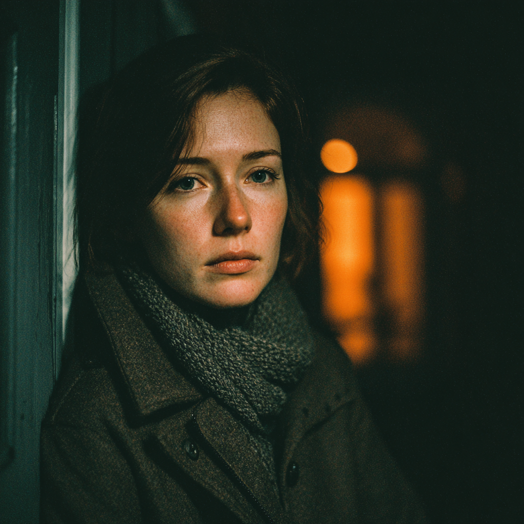 An upset woman leaning against a door | Source: Midjourney