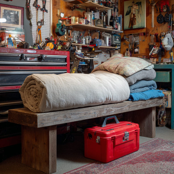 A blanket, pillow, red toolbox, and bench in a garage | Source: Midjourney