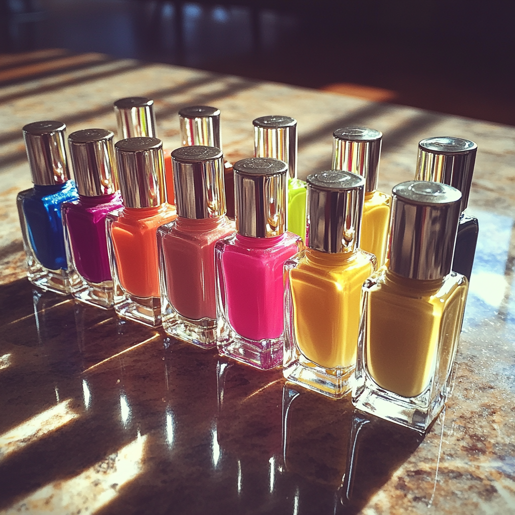 Bottles of nail polish on a table | Source: Midjourney