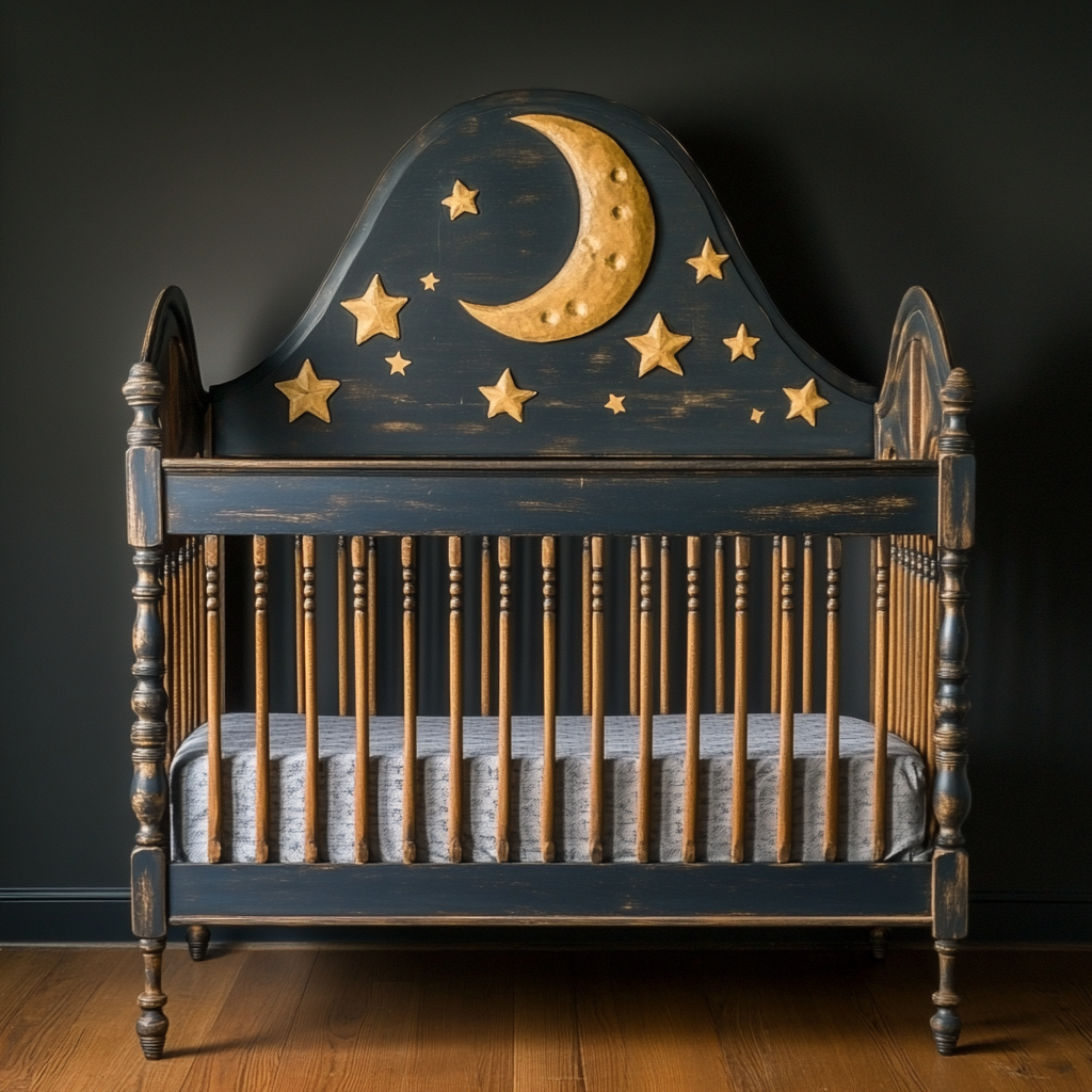 A crib with moon and starts carved into it | Source: Midjourney