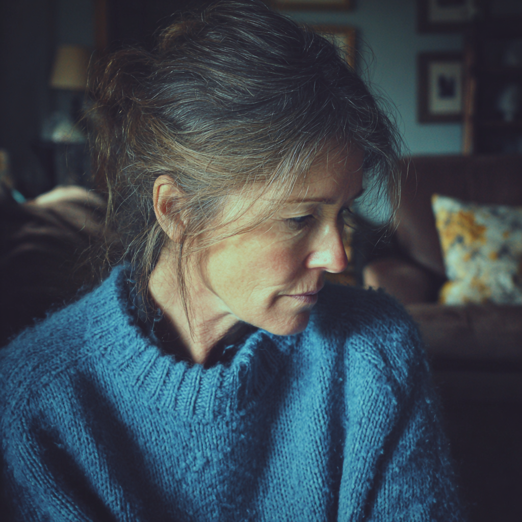 An upset woman sitting in a living room | Source: Midjourney