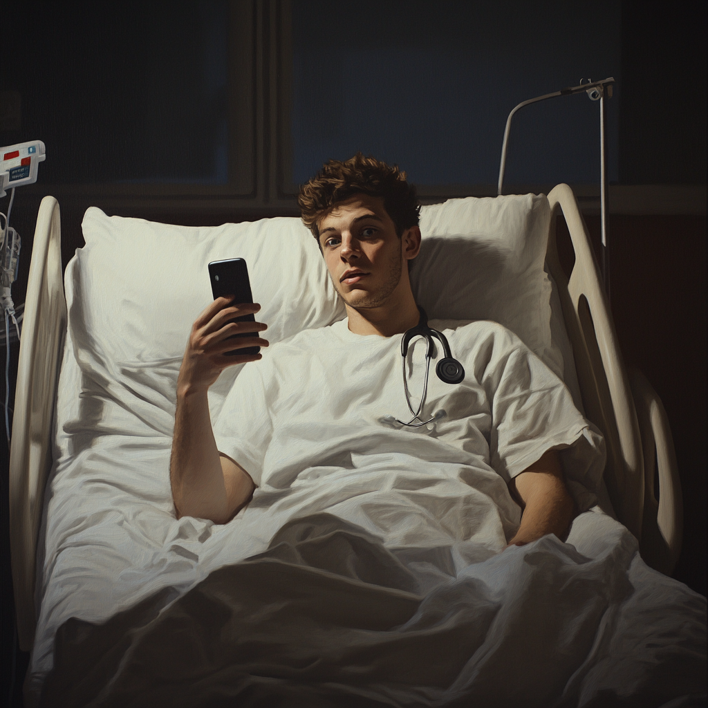 Um homem falando ao telefone em uma cama de hospital | Fonte: Midjourney