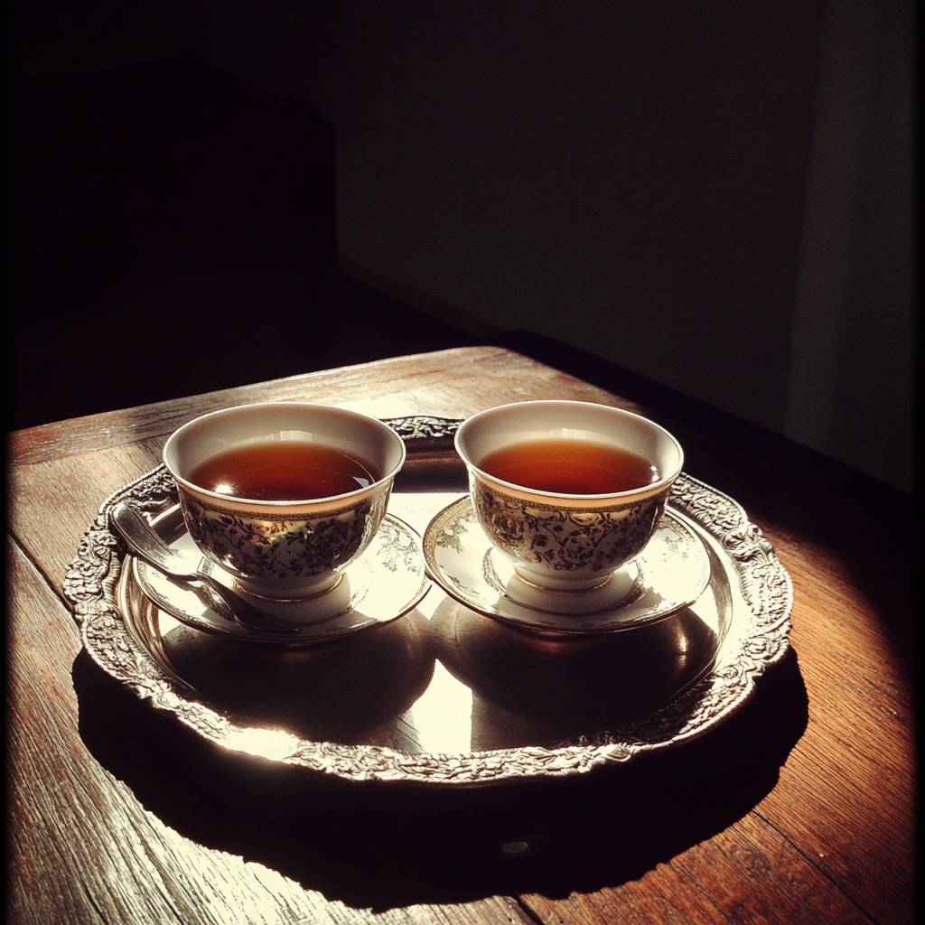 Teacups on a silver tray | Source: Midjourney