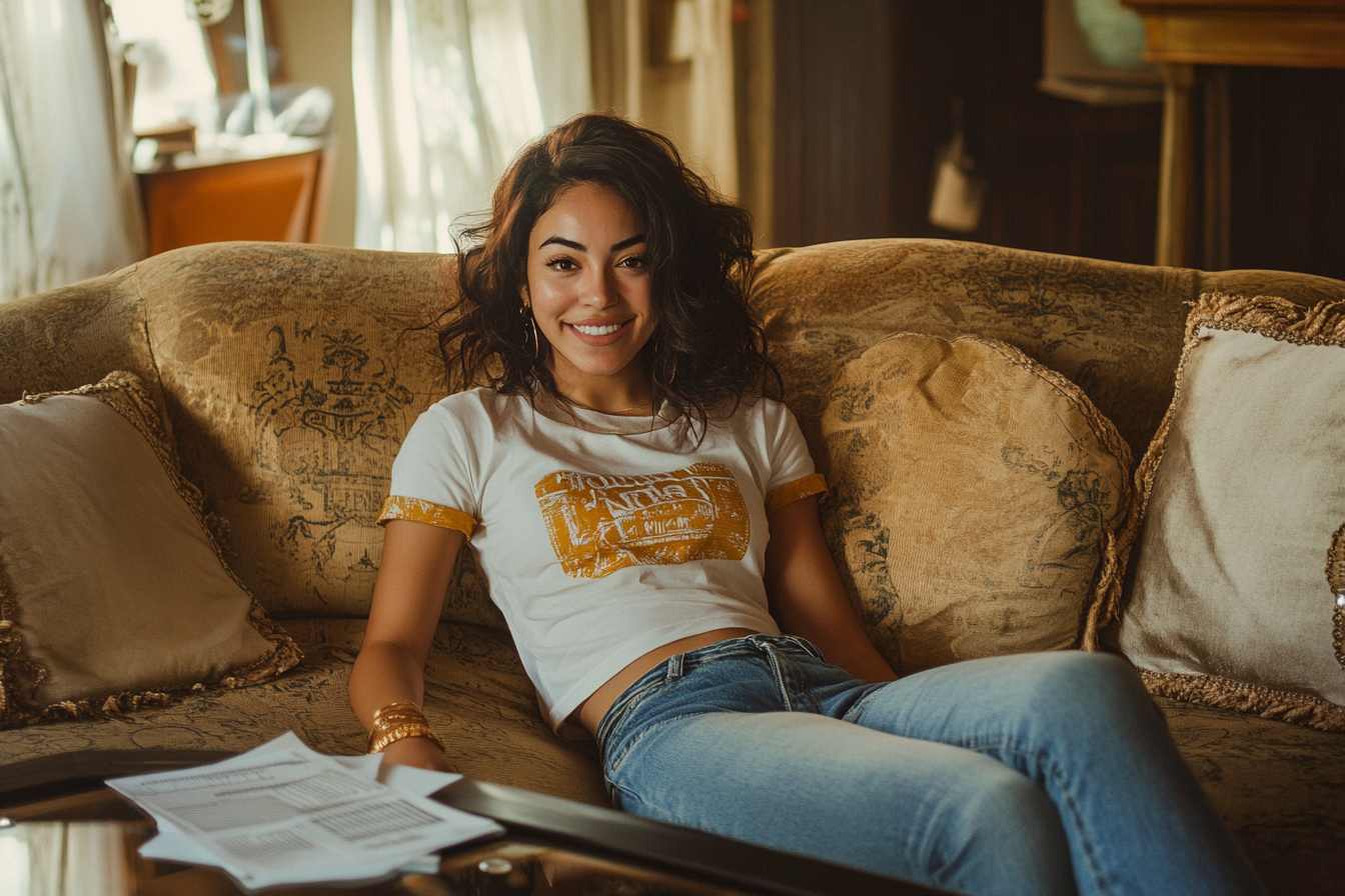 Uma mulher sorridente em um sofá | Fonte: Midjourney