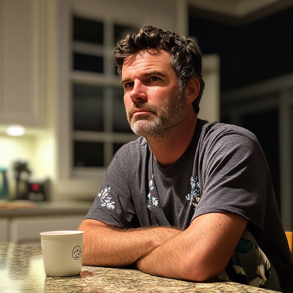 A man sitting at a kitchen counter | Source: Midjourney